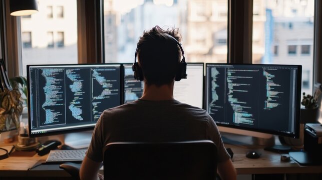 An engineer coding on multiple screens with complex software architecture diagrams.
