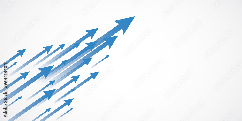 Poster Blue arrows pointing upward on a white background, symbolizing growth and progress. 3D Rendering