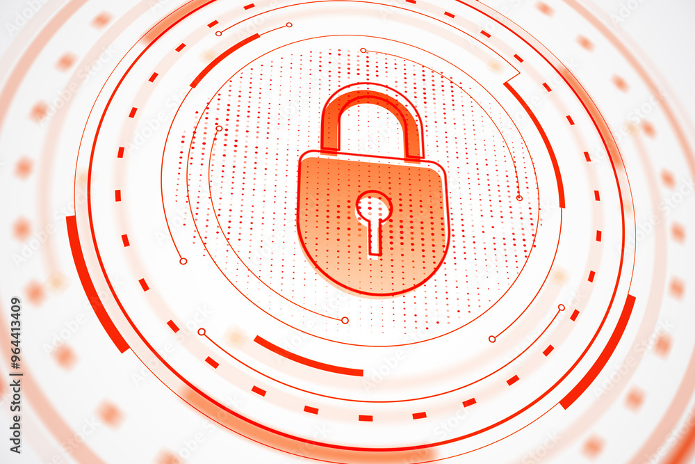 Poster Cybersecurity lock icon with digital wireframe circles on white background. 3D Rendering
