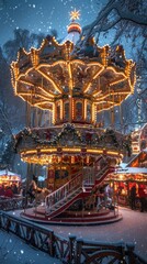 Fototapeta premium This enchanting snowy Christmas fair captures the magic of a beautifully decorated carousel with children laughing, surrounded by a vibrant and cheerful holiday ambiance