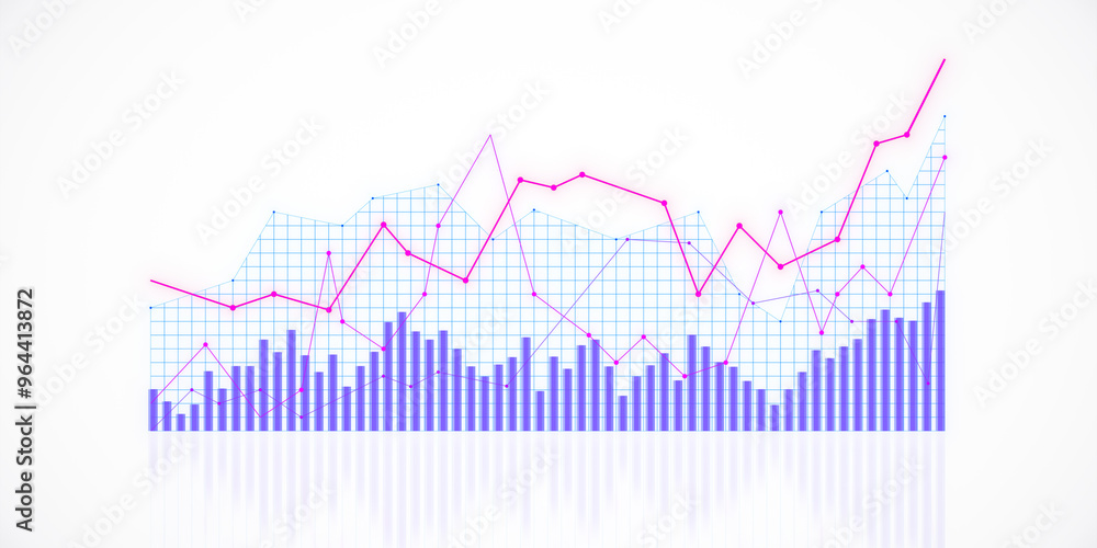 Poster Abstract financial graph with bar and line charts on white background. 3D Rendering