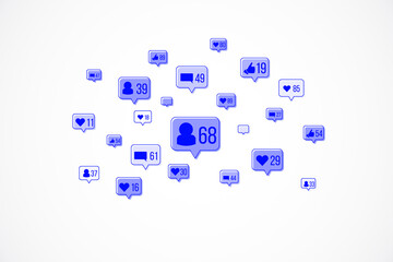 Blue social media notification icons on a white background. 3D Rendering