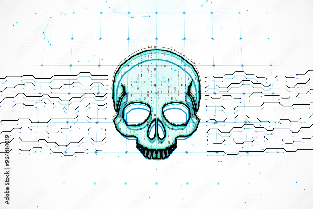 Poster Digital skull with holographic circuits on light background. 3D Rendering