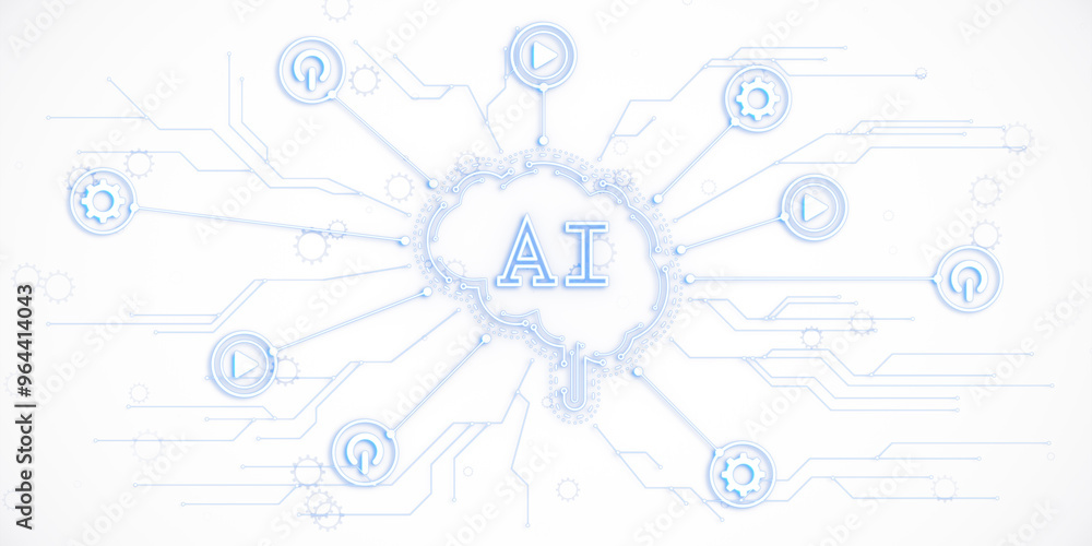 Aufkleber ai concept with brain and technology icons on a white background. 3d rendering