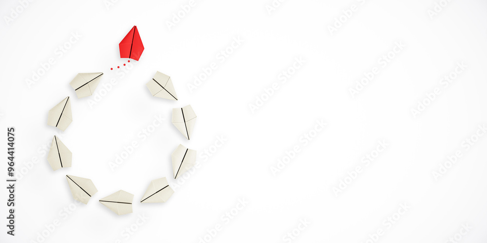 Poster Red Paper Airplane Leading Others in a Circle on White Background. 3D Rendering