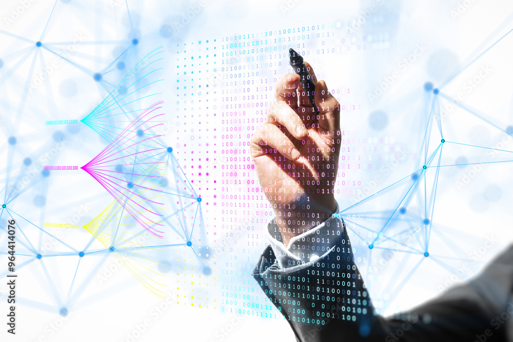 Poster Hand with pen creating a digital network on a virtual screen with binary code and colorful data nodes.
