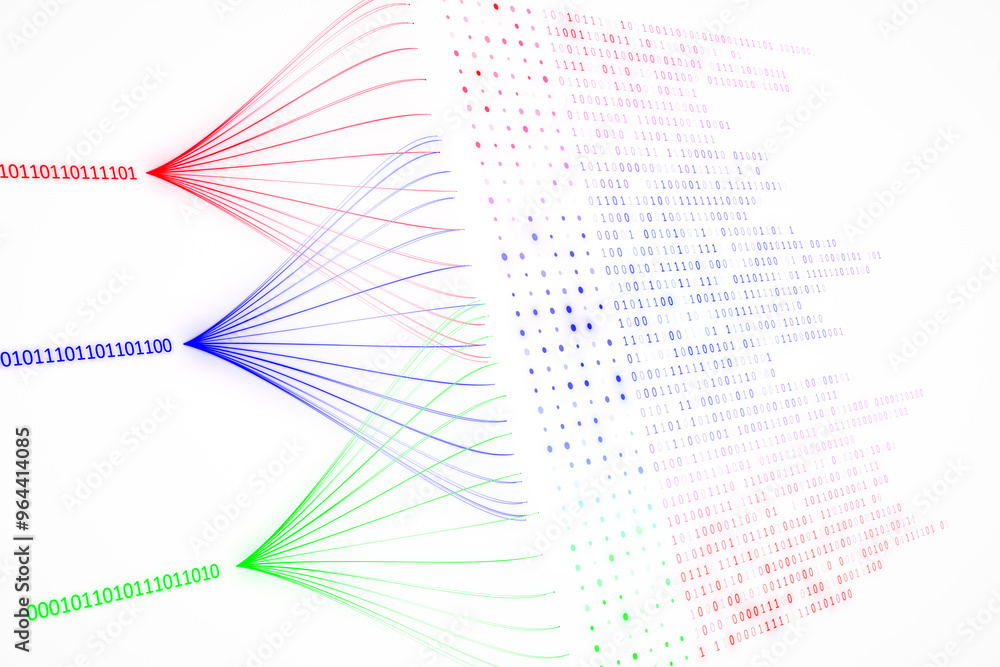 Poster Binary data visualization on white background. 3D Rendering