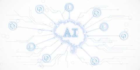 Obraz premium AI concept with brain and technology icons on a white background. 3D Rendering