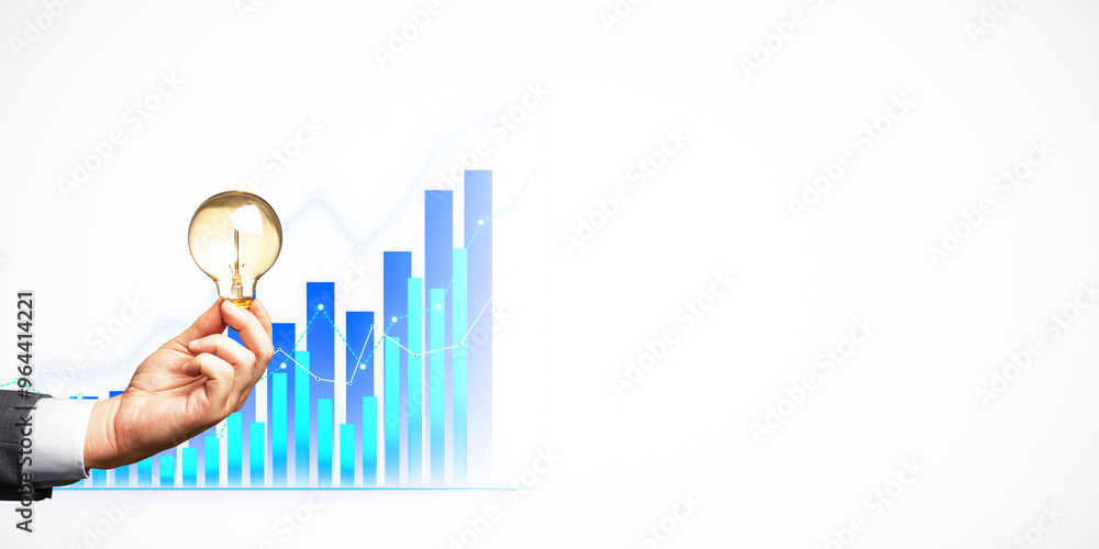 Poster hand holding lightbulb with bar graph in background, symbolizing business idea and research concept.