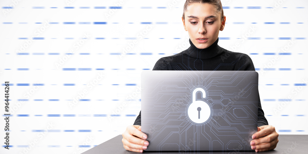 Poster woman using a laptop with a cybersecurity lock icon on the screen in a tech-themed light background.