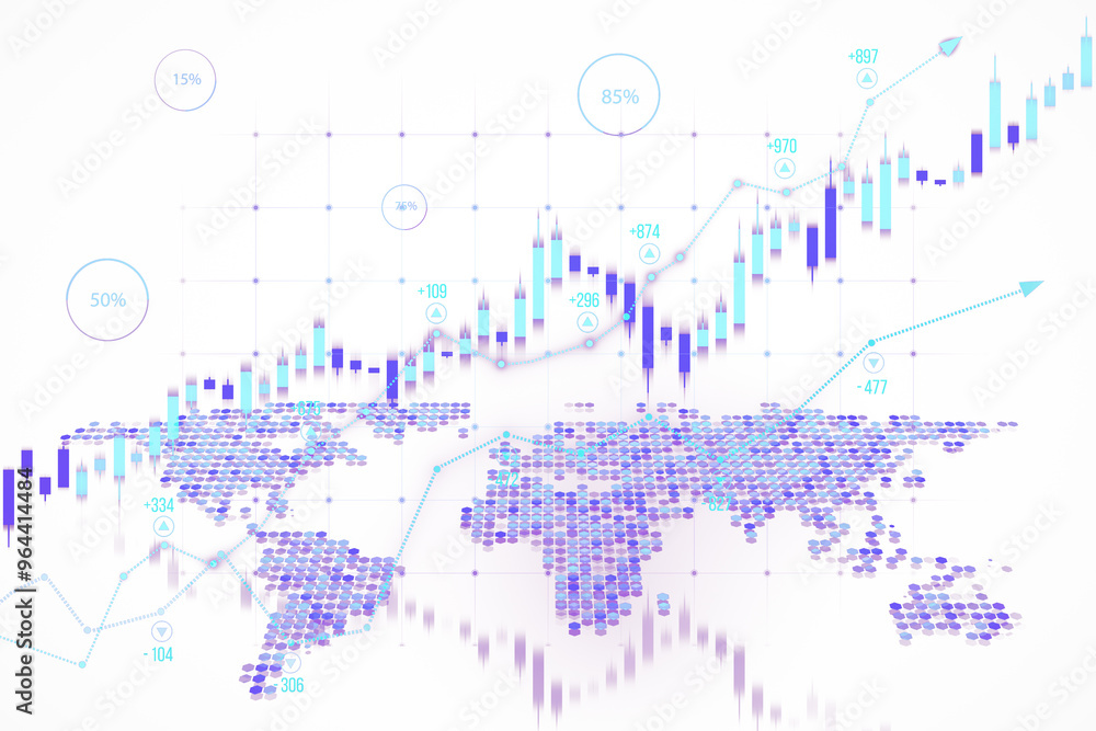 Poster financial trading concept with world map and candlestick chart. 3d rendering