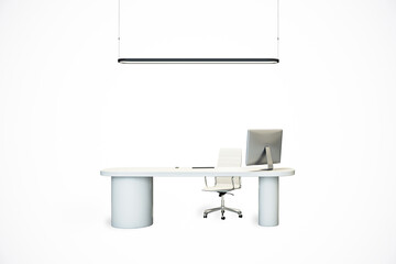 Modern office desk setup with computer and chair on a white background. 3D Rendering