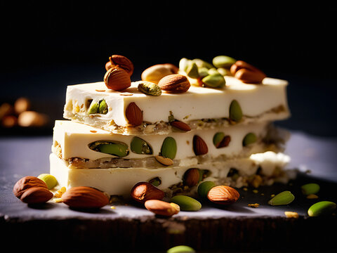 Close up macro of Delicious nougat turron or torrone with almonds and pistachio