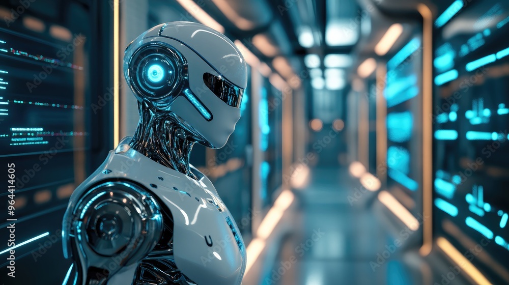 Poster advanced ai robot processing data in a sleek, futuristic setting, showcasing artificial intelligence