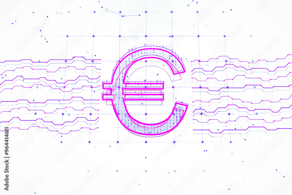 Poster digital euro sign with neon effects on a futuristic tech background. 3d rendering