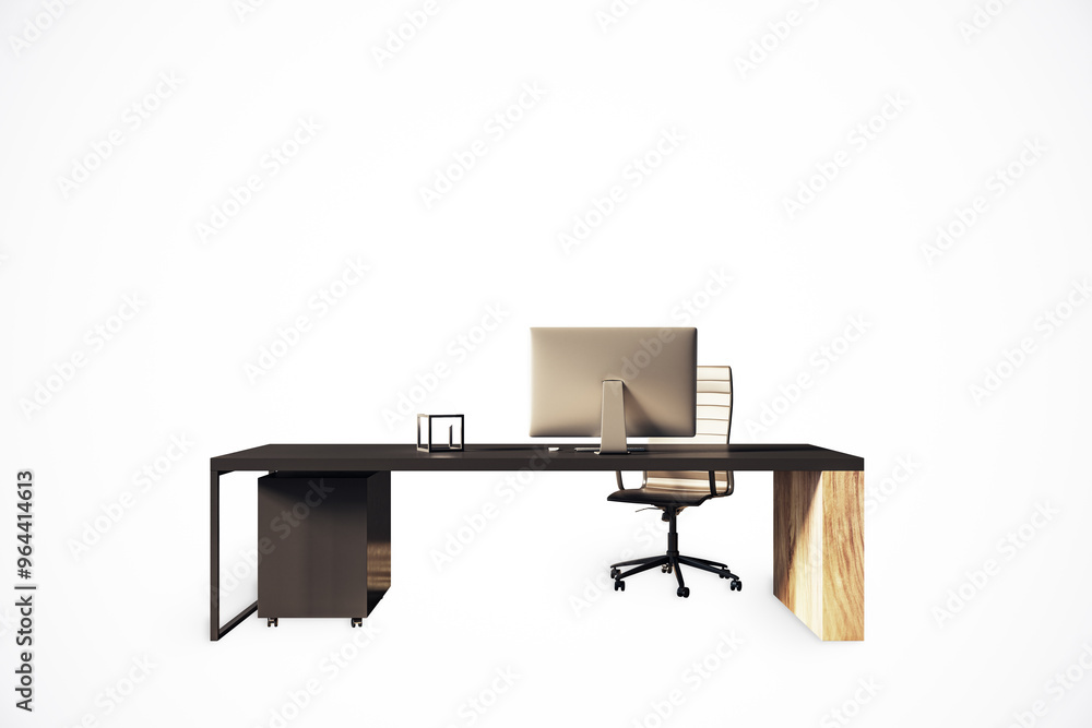 Poster Modern office desk with desktop computer and chair on white background. 3D Rendering