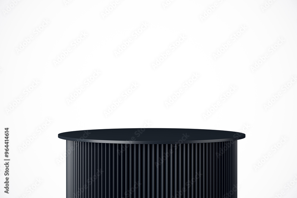 Poster black round podium with vertical ridges on white background. 3d rendering