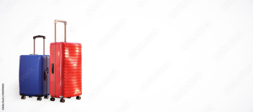 Poster red and blue suitcases standing on white background. 3d rendering