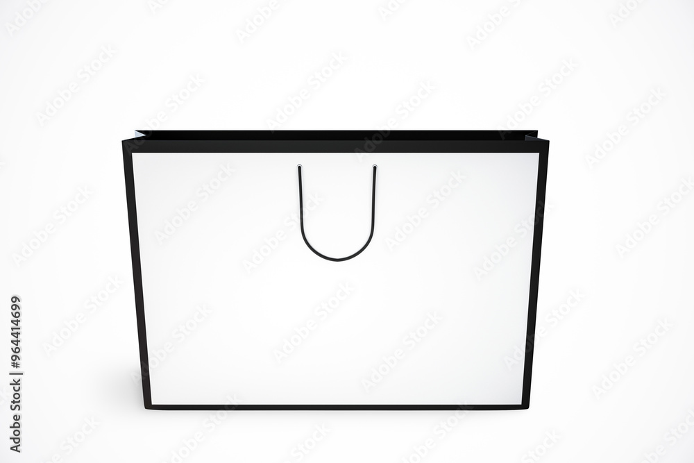 Poster Front view of a blank white paper shopping bag with black handles on a light background. 3D Rendering