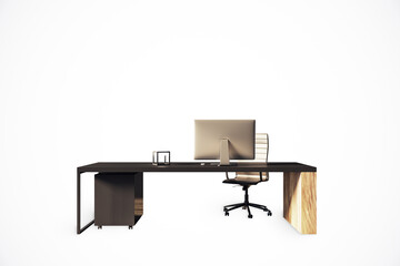 Modern office desk with desktop computer and chair on white background. 3D Rendering