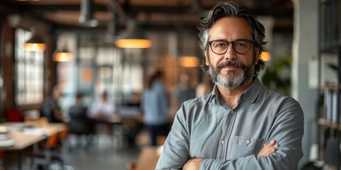A confident middle-aged man with glasses stands with his arms crossed in a modern open-office space with people working in the background