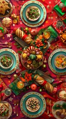 A joyful illustration of a family Christmas dinner table adorned with colorful plates, festive crackers, and a lively variety of foods, all centered around a cheerful centerpiece