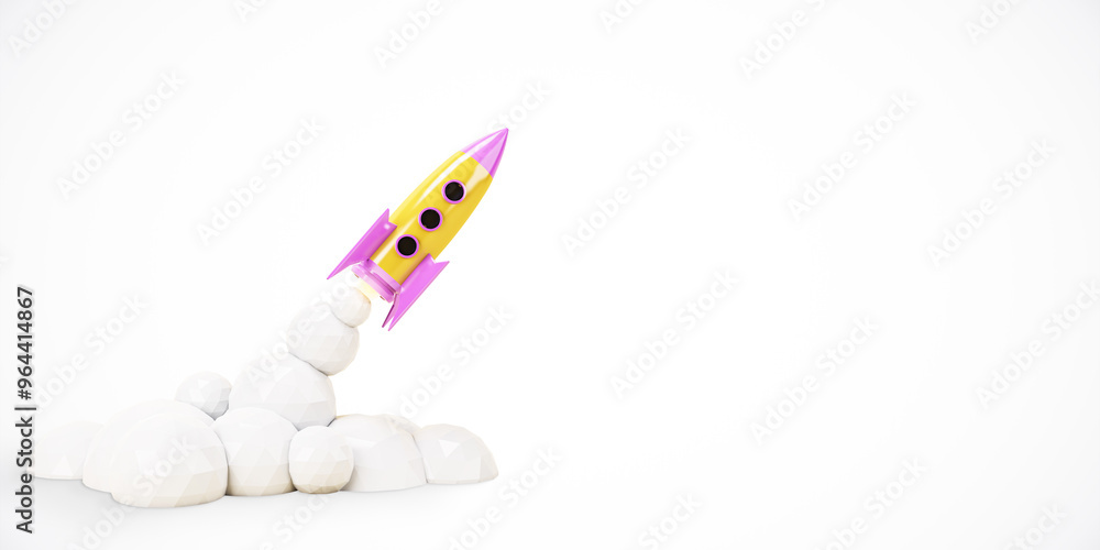 Poster yellow and pink rocket launching on white background. 3d rendering