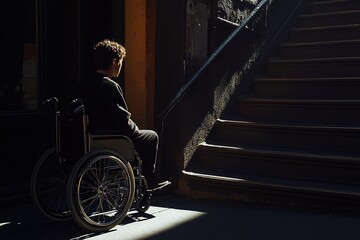 Person in a wheelchair facing accessibility barriers, thoughtful expression, shadowed lighting, city street with stairs.