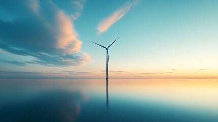 A Single Wind Turbine Stands Tall in a Calm Sea at Sunset