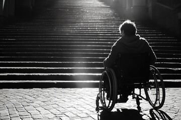 Person in a wheelchair facing accessibility barriers, thoughtful expression, shadowed lighting, city street with stairs.