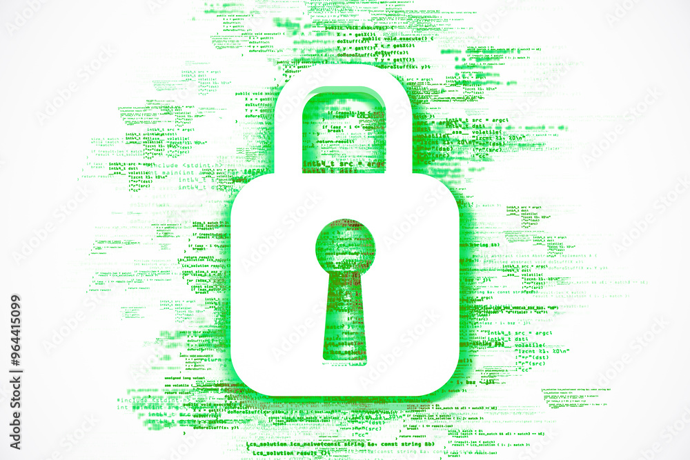 Fototapete Cybersecurity lock icon with digital code background. 3D Rendering