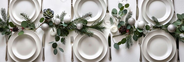 The modern holiday table is elegantly set with white plates and silver cutlery, complemented by minimalistic decor and fresh greenery, offering a clean and stylish Christmas dining experience