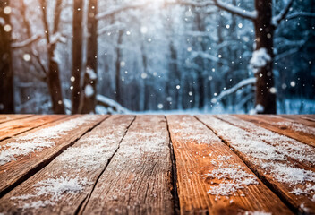 Empty wooden table covered with snow on defocused background of snowy winter forest