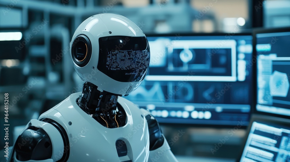 Poster ai robot in a futuristic data lab, processing information with advanced technology, highlighting the