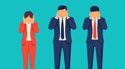 Three businesspeople in suits cover their ears, symbolizing avoidance and ignoring problems in a corporate environment.