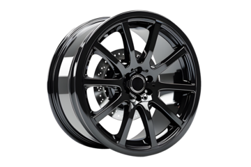 Wheel Alloy car wheels Rim dark black chrome or Mag Wheel high performance auto part decoration. Isolated on transparent background or cut out PNG. Transport vehicles transportation. Car accessories.