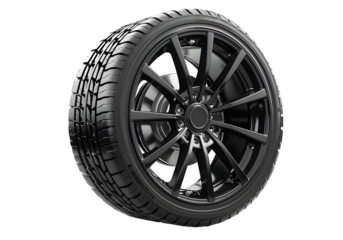 Black tire with Wheel Alloy car wheels Rim silver chrome or Mag Wheel high performance auto part decoration isolated on transparent background or cut out PNG. Transport vehicles transportation.