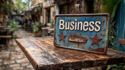 Rustic metal Business sign on a weathered wooden table in a charming, narrow alleyway lined with plants and outdoor seating in a picturesque setting