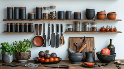 Kitchen essentials captured in modern aesthetic, featuring selection of cooking ware against minimalist white background. Contemporary kitchen concept