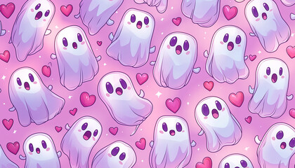 Halloween style pattern wallpaper. Cartoon character background. illustration of cute ghosts with hearts at the pink background