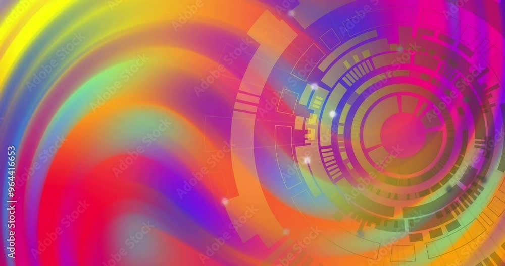 Poster animation of colourful shapes moving over scope scanning