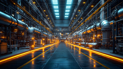 Fototapeta premium Industrial plant with silver pipes running along the ceiling