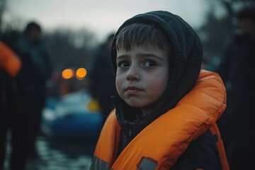 Refugee family finding shelter in a foreign country, mixed emotions of relief and uncertainty, soft evening light, temporary shelter in the background.