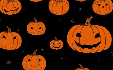A festive Halloween background featuring a seamless pattern of jack-o'-lantern pumpkins against a black backdrop with twinkling stars. Perfect for spooky season designs. 
