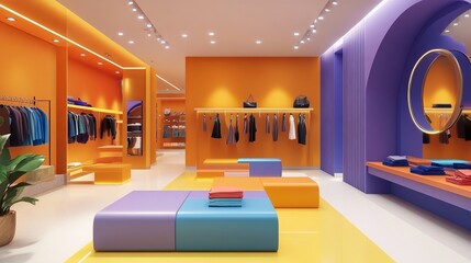 Modern retail space with vibrant colors and bright lighting.