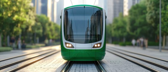 Obraz premium A modern green tram approaching on an urban track, surrounded by lush trees and city buildings, showcasing public transport innovation.