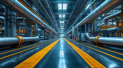 Obraz premium Industrial plant with silver pipes running along the ceiling