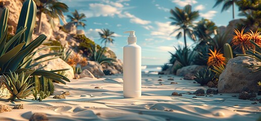 White bottle on a tropical beach with palm trees, sand, and ocean in the background.  Perfect for showcasing beauty or skincare products.