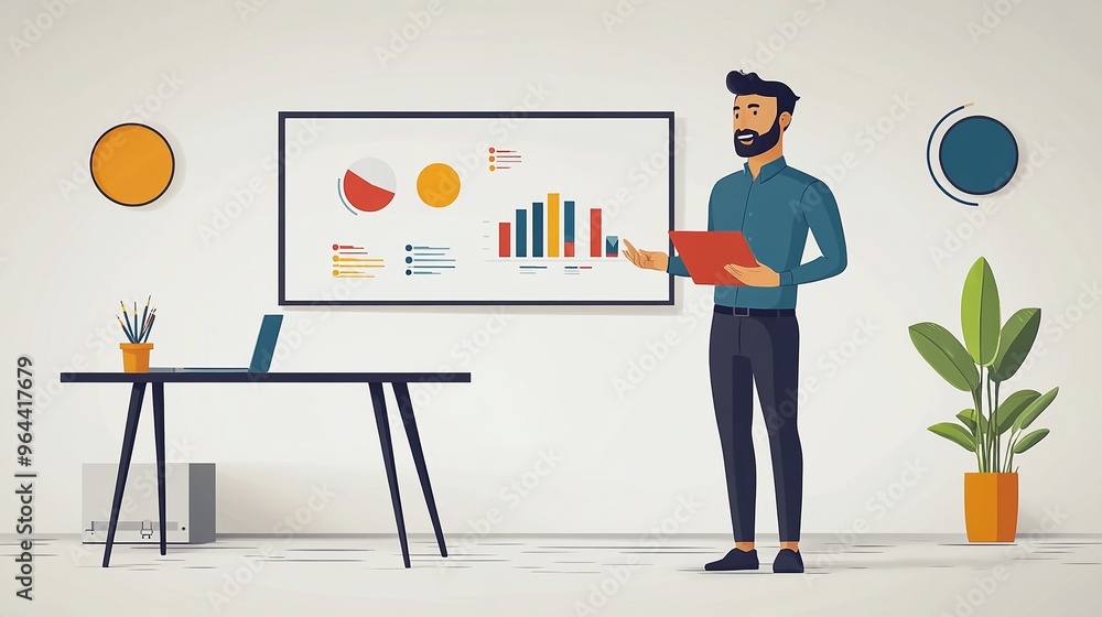 Poster office presentation by man in modern workspace with colorful charts on whiteboard