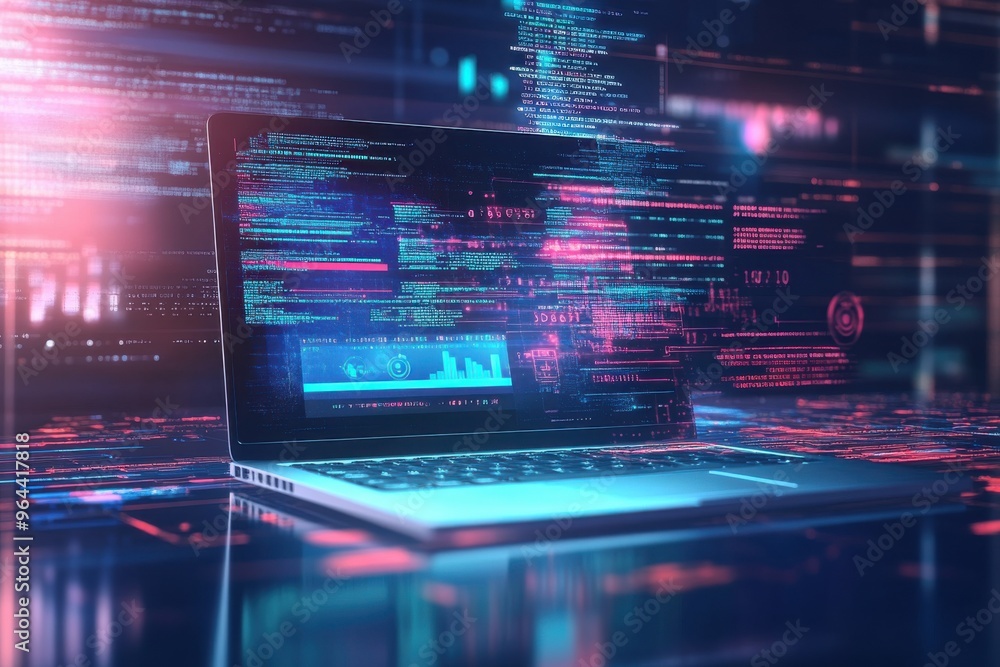 Poster futuristic laptop displaying digital data and code in a vibrant, high-tech environment with abstract